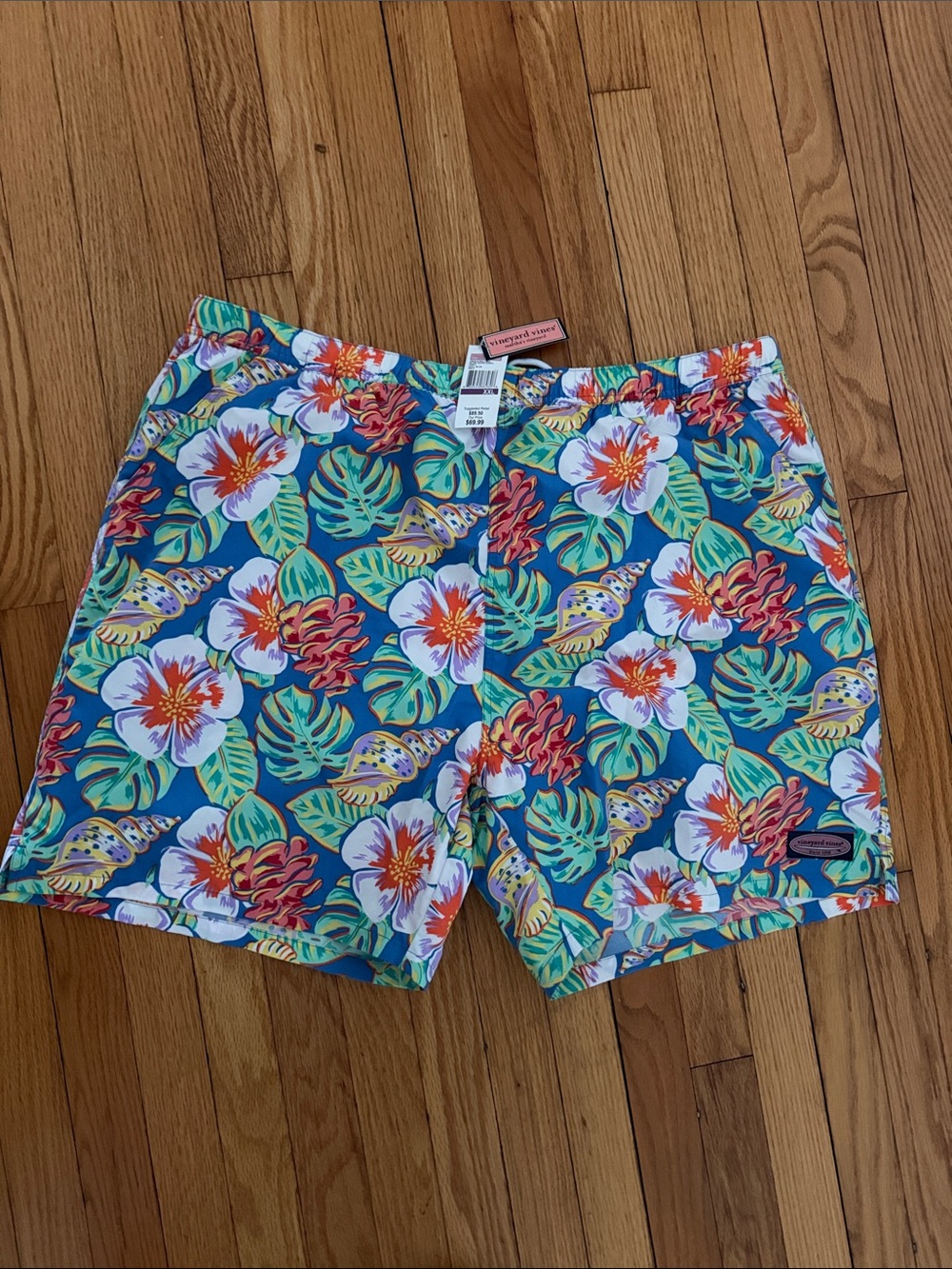 Vineyard Vines Men’s Teal Floral Swim Trunks with White & Coral Accents